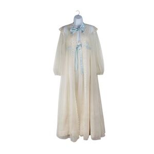 Vintage Vanity Fair Peignoir Set Long Nightgown & Sheer Robe Ivory Nylon Lace 34